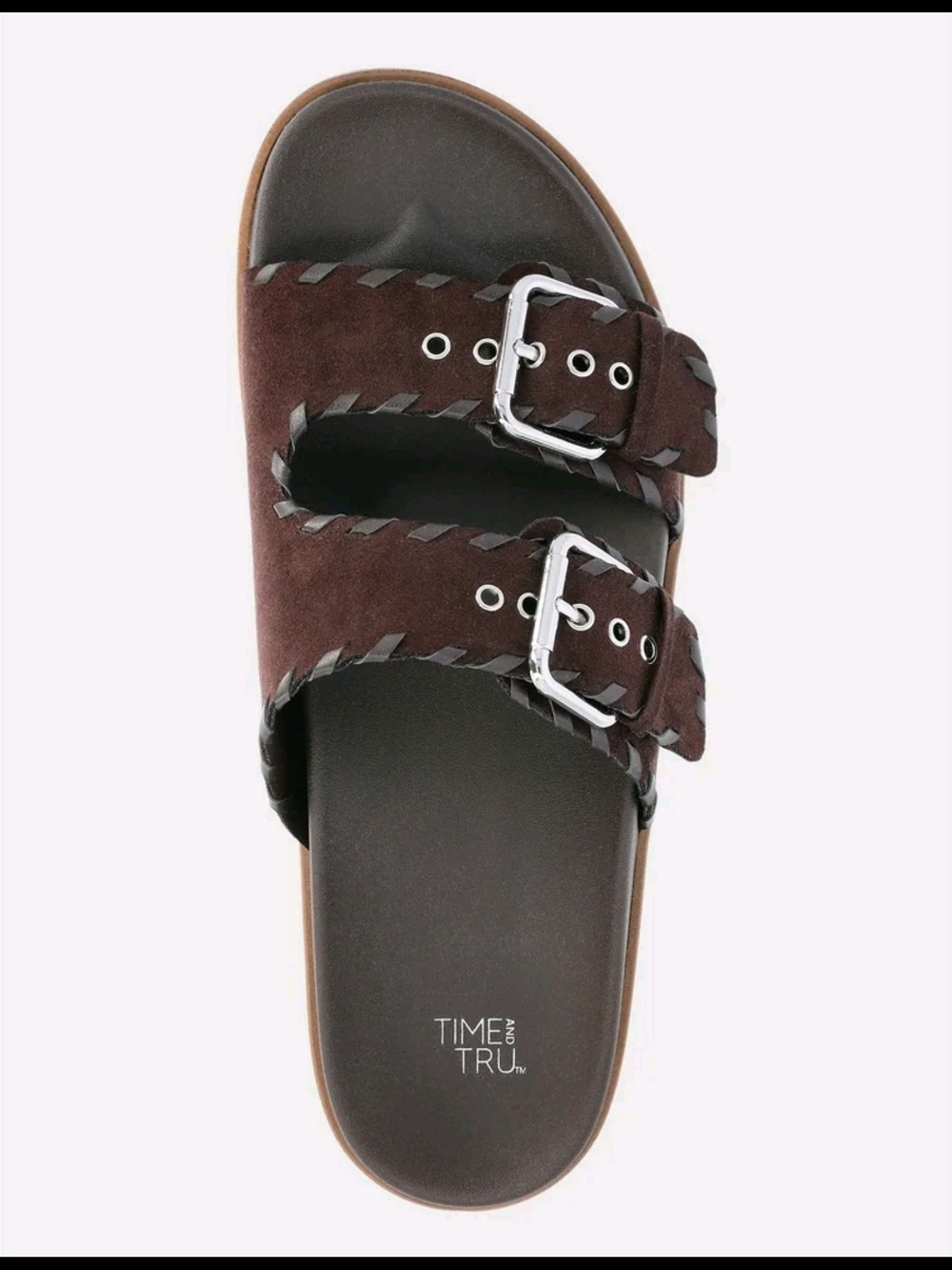 Time and Tru Brown Double Buckle Whipstitch Footbed Orthopedic Slide Sandal